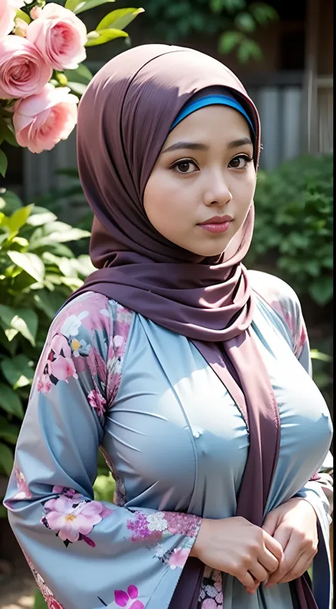 1 Malay Girl, Modern Plain Hijab, Shy, Medium Portrait, Watery Eyes, Seductive, sad face. lustful face, ((big breast)),Wearing a kimono Dress with a Big Floral Pattern, Full Body Photo, Big Breasts, Looking at the Viewer, Facing the camera, flower garden b...