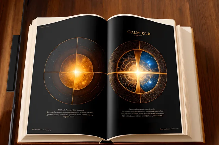 Portal com interior preto, saindo do livro, Golden and magical sides.