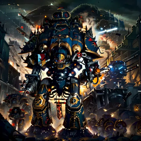 Titan, Warhammer 40k,huge gattling gun,jet black armour,red visors, destroying everything, absolutely stunning art, highest quality digital art, highest resolution