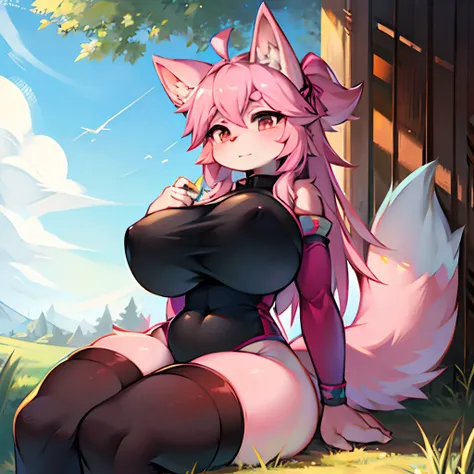 [[[[[[[furry:9]]]]]]], pink fur, [[[giant enormous breast]]], [[[[[sitting on grass]]]]], [[[[[[lexie hoodie]]]]]] [[[[underboob:4]]]], looking, [blushing:0.8], thigh high