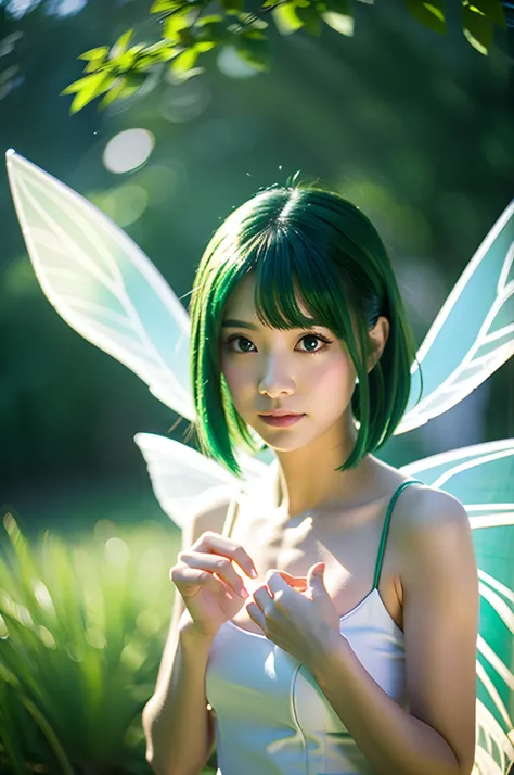 ​masterpiece, top-quality、Raw foto, Photorealsitic、one fairy、The wings are transparent and sparkly、Emerald green hair、a short bob、Detailed wings、Fairy is a 15-year-old girl、fullnude 、Smaller chest、unbelievable Ridiculous、depth of fields, hight resolution, ...