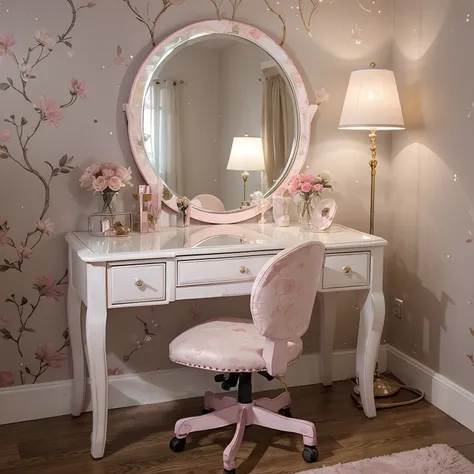 Gorgeous makeup dresser　floral wallpaper　Round mirror　moon light　Starlight　pearls　Cute chair　pink there　The moon seen from the window