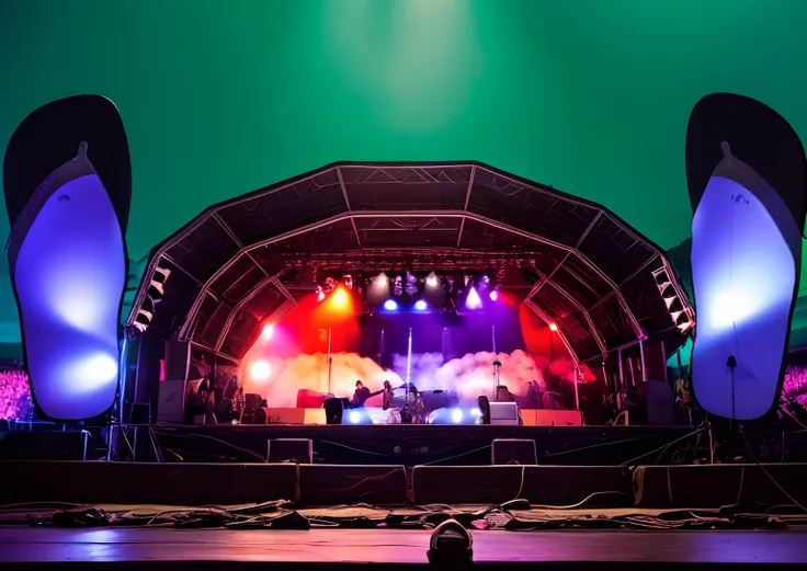 There are two flip-flops on the stage of a concert, Palco coberto ao ar livre, palco, um palco de festival ao ar livre, no palco de concertos de rock, clip stadio, Palco vazio, no palco, Directed by: Giorgio Cavallon, big head on stage, fotografia de palco...