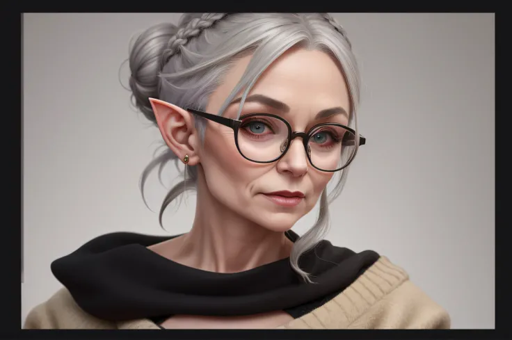 a middle-aged elf with grayish hair tied in a bun and elegant glasses