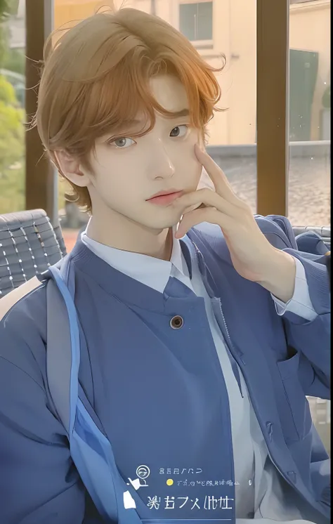 A man, brownish orange hair, yellow eyes, white undershirt and blue overshirt