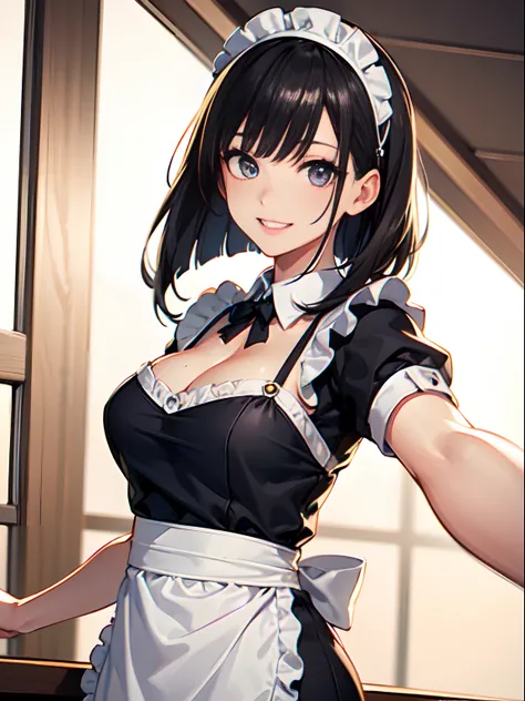 masutepiece, 1 girl per 1 photo, upperbody shot, front-facing view, a Japanese young pretty woman, Wearing a cute maid costume in short-sleeved satin silky black、With a big smile in the café, Wearing a white ruffled headband, Apron with white ruffles, Glam...