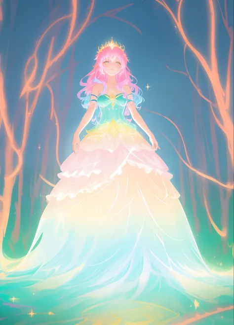 beautiful girl, puffy tiered layered ballgown, magical forest, vibrant pastel colors, (colorful), glowing golden long hair, magical lights, sparkling magical liquid, inspired by Glen Keane, inspired by Lois van Baarle, disney art style, by Lois van Baarle,...