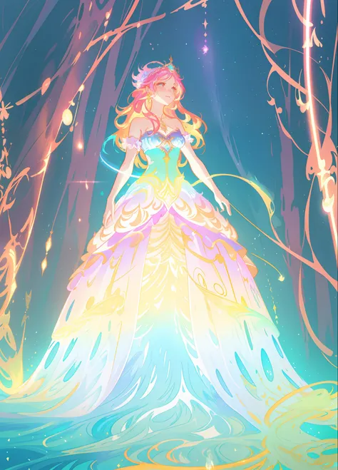 beautiful girl, puffy tiered layered ballgown, magical forest, vibrant pastel colors, (colorful), glowing golden long hair, magical lights, sparkling magical liquid, inspired by Glen Keane, inspired by Lois van Baarle, disney art style, by Lois van Baarle,...