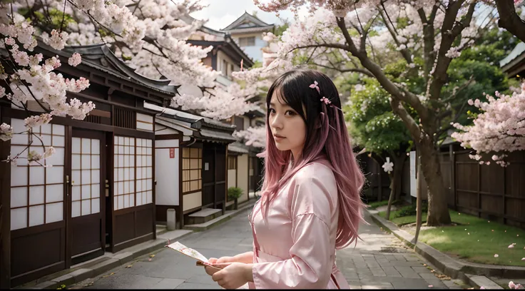 Japan woman standing under cherry blossoms, Anime girl cosplay, flowing sakura silk, sakura petals around her, cosplay foto,Beautuful Women,Black hair fluttering in the wind,Mystical,Tarot Cards,fortune teller,Light pink hair