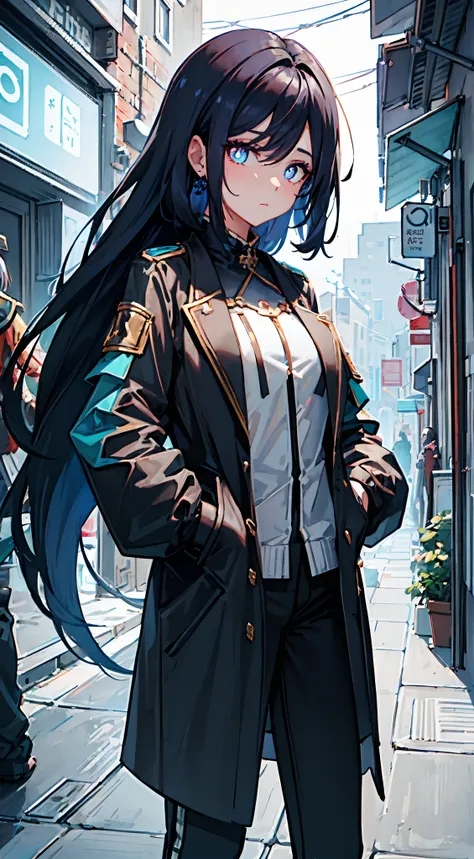 1girll，nightcity，Sateen，coat large，Put your hands in your pockets，intricate hair，Black hair on the outside，Blue inside，A detailed eye，Small alley，neonlight，anime big breast，Dark blue pupils，（（Elaborate Eyes））reflective eyes