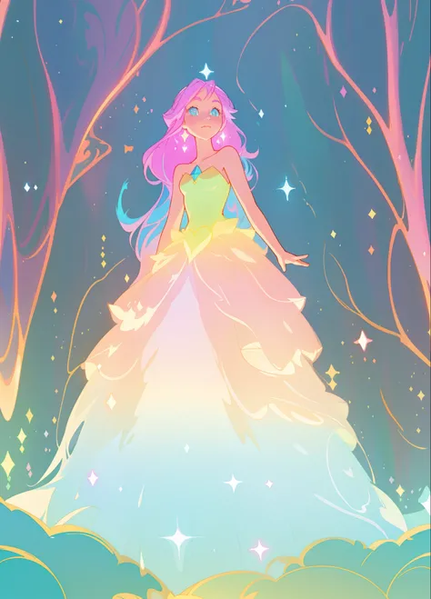 beautiful girl, puffy tiered layered ballgown, magical forest, vibrant pastel colors, (colorful), glowing golden long hair, magical lights, sparkling magical liquid, inspired by Glen Keane, inspired by Lois van Baarle, disney art style, by Lois van Baarle,...