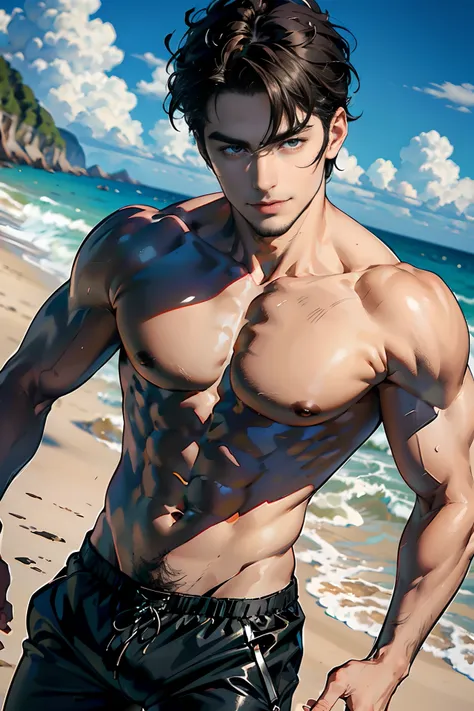 ((masterpiece)),dynamic angle,(evil looking man frolicking on the beach),(black zebra swimsuit pants),(Thin macho),glistening skin,
BREAK
(darkbrown hair),beautiful detailed eyes,black eyes,28 years old,very short hair,delicate beautiful face,smile,fantast...