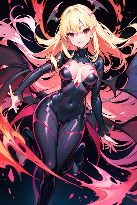 Carefully draw the face　5 year old girl　High-quality faces in anime style　a blond　Shiny black full body suit　Red lines all over the body　seductiv　a smile　Morrigan Aensland　Pink fog