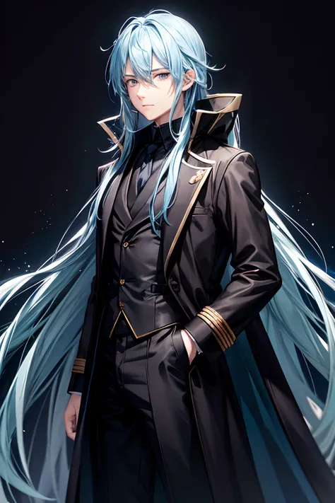 anime, a young man, long blue hair, wearing a black overcoat, black background