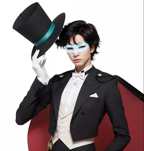 Cinematic stunningly detailed and ultra-realistic young man. Half-body. He is wearing a tuxedo over a white vest and a white shirt, back shoes and a black clock, red inside. He is handle a topper lies close to head. Octane is the perfect tool to capture th...