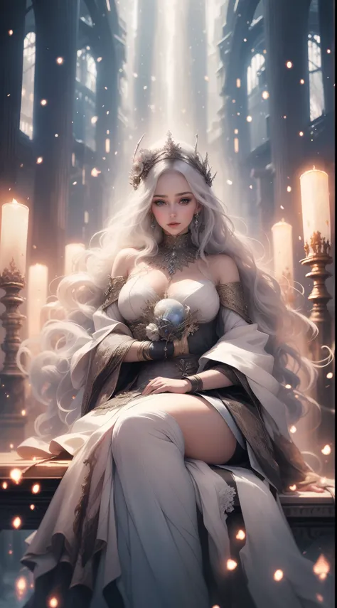 there is a woman sitting in a chair with a white dress, ((a beautiful fantasy empress)), a beautiful fantasy empress, ethereal beauty, queen of winter, beautiful and elegant elf queen, elegant cinematic fantasy art, ethereal fantasy, beautiful fantasy art,...