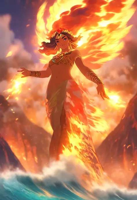 (((Hawaiian goddess))) best quality, ultra-high resolution, 4K detailed CG, master piece,volcano in background,Hawaiian mythology, ((Goddess of volcanoes)) , Maori image, aesthetic, centered on screen