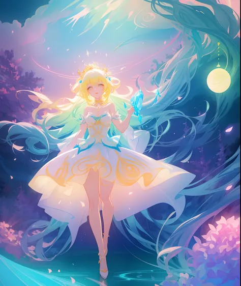 beautiful girl, puffy tiered ballgown, otherworldly forest landscape, vibrant pastel colors, (colorful), glowing golden long hair, magical lights, sparkling magical liquid, inspired by Glen Keane, inspired by Lois van Baarle, disney art style, by Lois van ...