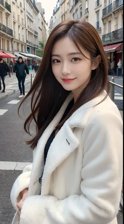 masutepiece, Best Quality, Photorealistic, Ultra-detailed, finely detail, High resolution, 8K、Wallpaper, 1 beautiful woman, Asian Beauty, In a fluffy coat, ligh brown hair, Perfect dynamic composition, Beautiful detailed eyes, Smile, On the streets of Pari...