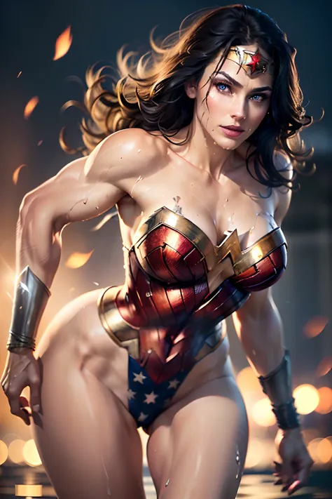 1woman, Wonder Woman, (intricate details, makeup), (delicate and beautiful delicate face, delicate and beautiful delicate eyes, perfectly proportioned face), (realistically moist skin: 1.0), (drenched body: 0.5), (wet skin), wet hair, delicate skin, strong...