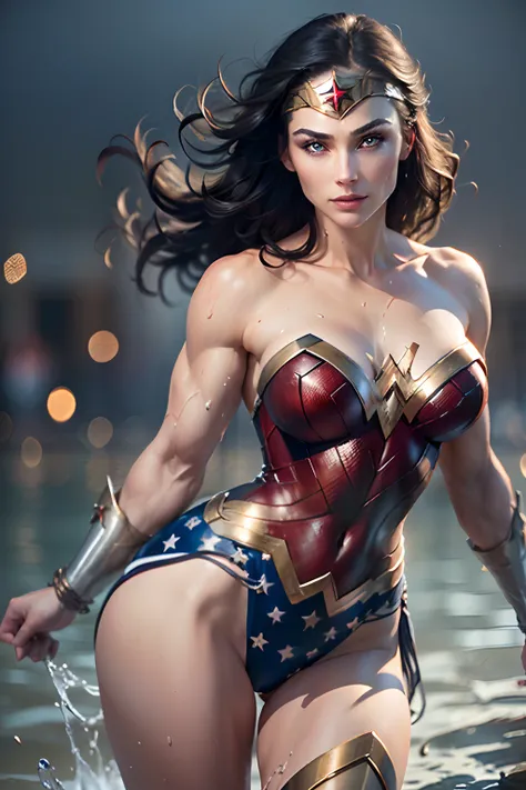 1woman, Wonder Woman, (intricate details, makeup), (delicate and beautiful delicate face, delicate and beautiful delicate eyes, perfectly proportioned face), (realistically moist skin: 1.0), (drenched body: 0.5), (wet skin), wet hair, delicate skin, strong...