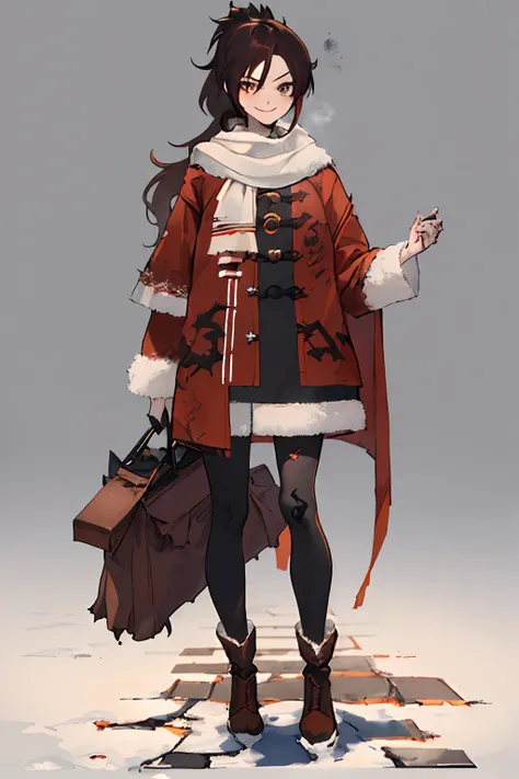 ((((Dramatic)))、(((gritty)))、(((vehement)))​masterpiece,1girl in,独奏,poneyTail,Brown hair,Brown eyes,a smile,Chic,doress,character designs,Full body view,No background,Standing Picture,Winter clothing,,rearing