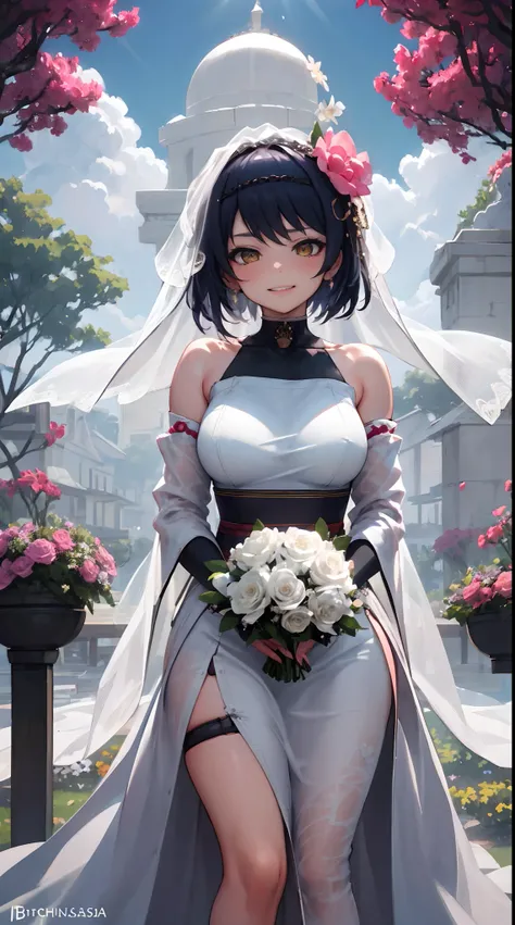 Kujou Sara | genshin impact, master-piece, bestquality, 1girls,25 years old, proportional body, proportional., Wedding Dresses, White Wedding Dress, Long skirt, wedding, ,bara, Standing in the middle of a flower garden, outdoor, wedding, The sky is beautif...