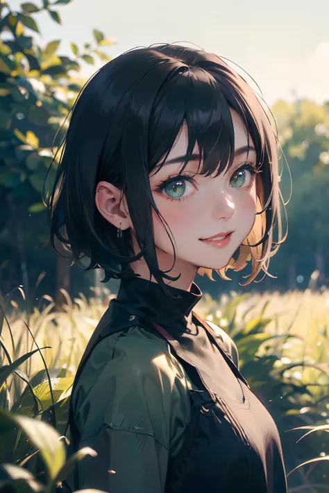 a 20 yo woman、Black blue Hair、Bery short hair、Big smile、(hi-top fade:1.3)、dark themed、Muted Tones、Subdued Color、highly contrast、Background green meadow、(natural skin textures、Hyper-Realism、Soft light、sharp)