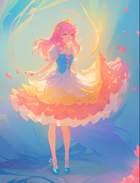 beautiful girl, puffy tiered flower fairy ballgown dress, vibrant pastel colors, (colorful), glowing golden long hair, magical lights, sparkling magical liquid, inspired by Glen Keane, inspired by Lois van Baarle, disney art style, by Lois van Baarle, glow...