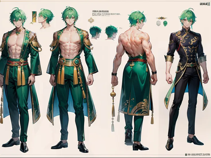 ((Masterpiece, Highest quality)), Detailed face, character design sheet，full body esbian, Full of details, frontal body view, back body view, Highly detailed, Depth, Many parts, Muscle boy with green hair，handsome man,  Traditional chinese clothes, Genshin...