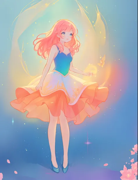 beautiful girl, puffy tiered flower fairy ballgown dress, vibrant pastel colors, (colorful), glowing golden long hair, magical lights, sparkling magical liquid, inspired by Glen Keane, inspired by Lois van Baarle, disney art style, by Lois van Baarle, glow...