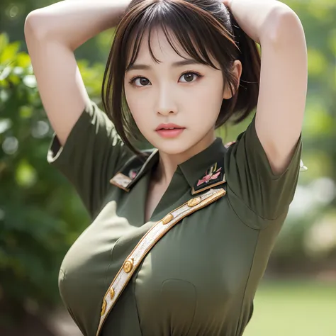 Highly detailed CG Unity 8k wallpaper, of the highest quality, super detailed, masutepiece, Realistic, photographrealistic, extremely detailed cute girl, 25 years old, Round eyes, viewer,  blush, Parted lips, Upper body , (Armpit) , uninhabited island , (s...