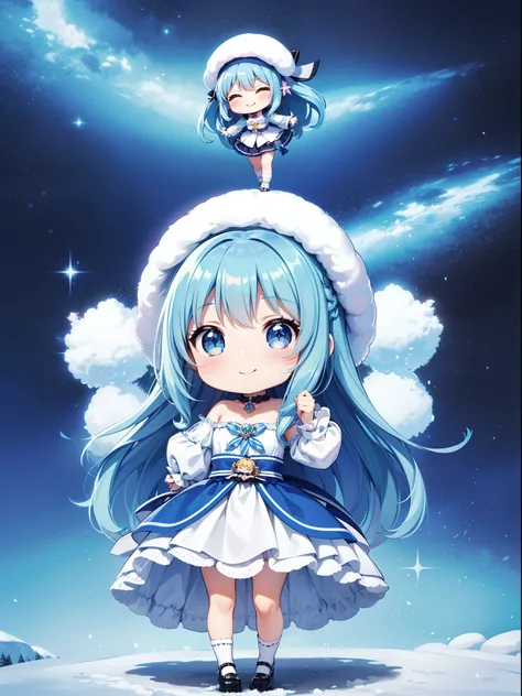 Chibichara　Sparkling snowscape(a picture)　The air is shining、long hair with blue hair((Chibi Chara))、A charming smile、Fluffy、girl with、Chibi Chara、Friends of the Forest、full body Esbian、Pastel colors hair、masutepiece、top-quality、