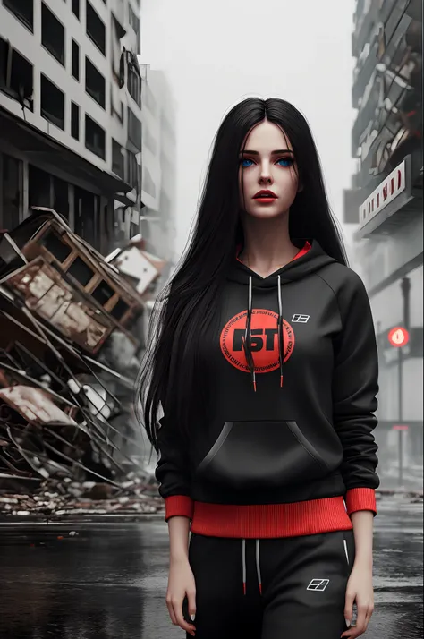 Realistic girl, in rain, black long hair, red iris color, sweatpants, detailed 4k, in destroyed city, nuclear