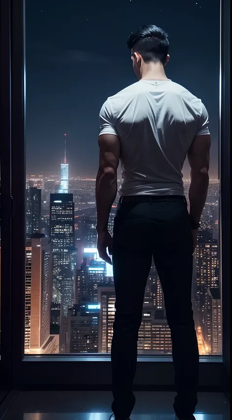 A tall guy standing inside the building, night city view, beautiful view, tall muscular guy, short hair, black hair, back view,