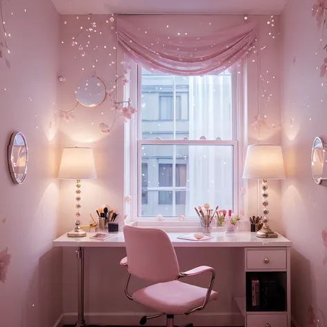 Makeup room　pink there　pearls　Moon Lights　The moon seen from the window　floral wallpaper　Colorful lights