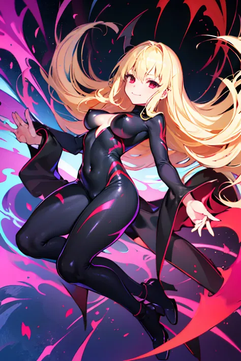 Carefully draw the face　5 year old girl　High-quality faces in anime style　a blond　Shiny black full body suit　Red lines all over the body　seductiv　a smile　Morrigan Aensland　Lie on your back