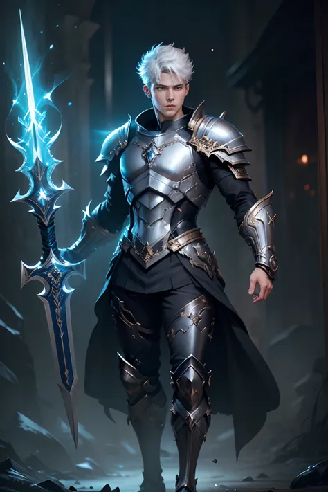 Boys in 8K resolution(Esbian Full Body:1.3)image、SplashArt、Great cartoon style、Realistic appearance and young man、Anatomical Digital Painting(Shon:1.3)a portrait of a young man(Shon:1.3)Blue and white complexes(Heavily armored:1.3)And short white hair.(dar...