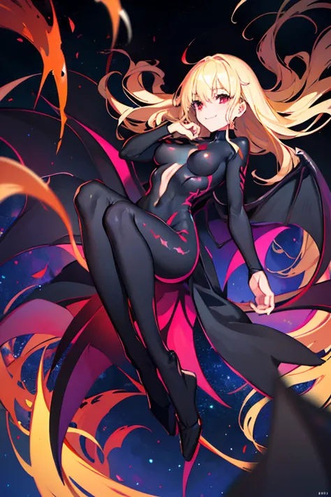 Carefully draw the face　5 year old girl　High-quality faces in anime style　a blond　Shiny black full body suit　Red lines all over the body　seductiv　a smile　Morrigan Aensland　Lie on your back