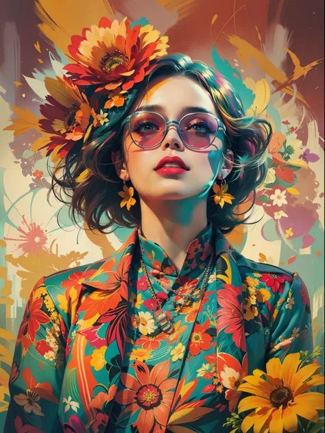 Create a digital art work in pop art style, featureing a vibrant and confident woman with bold makeup and colorfull fashion, cinematic color scheme, surrounded by vintage flowers patterns, energtic brushstrokes,the mood should be dynamic.