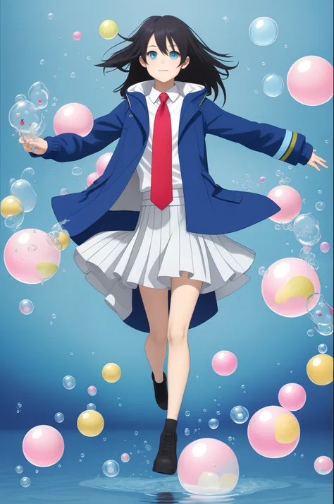 Best Quality,female high-school student,pleatedskirt,shirt,neck tie,parka,A dark-haired,The long-haired,bare-legged,Blue eyes,夏天,illustratio,Air bubble、Bubble、Water balls、