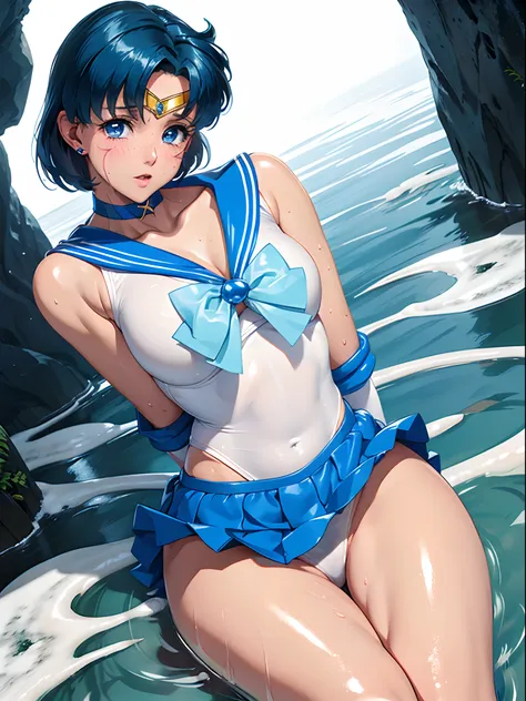 Sailor Mercury　Full limbs　complete fingers　Transformation heroine of justice　Enameled White Leotard　Enamel Blue Boots　Wrinkled boots　Enamel White Gloves　Enamel Blue Mini Skirt　Neat and clean image　Enamel Blue Choker　Gold decoration　Costumes with fancy deco...