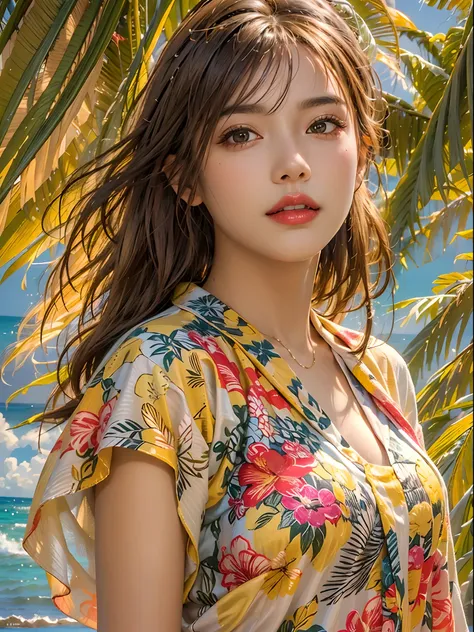 (best quality,high resolution:1.2),ultra-detailed,(photorealistic:1.37),1woman,solo,hips up,look at viewer,detailed face,colorful summer wear,vibrant,aloha shirt,beach,golden hour lighting