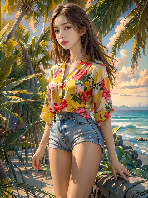 (best quality,high resolution:1.2),ultra-detailed,(photorealistic:1.37),1woman,solo,hips up,look at viewer,detailed face,colorful summer wear,vibrant,aloha shirt,beach,golden hour lighting