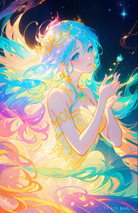 beautiful girl, puffy tiered ballgown, vibrant pastel colors, (colorful), glowing golden long hair, magical lights, sparkling magical liquid, inspired by Glen Keane, inspired by Lois van Baarle, disney art style, by Lois van Baarle, glowing aura around her...