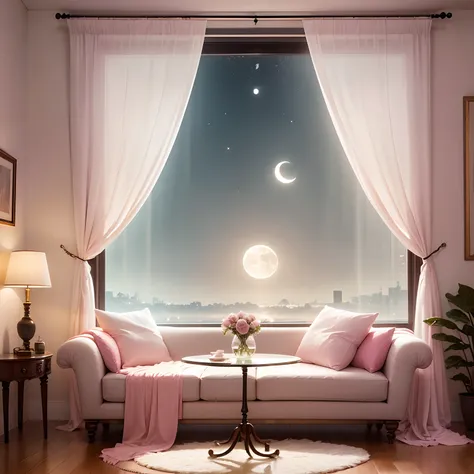 a room　Sheer curtains　The moon seen from the window　A light　Pink table　Sweet sofa　Mint color wallpaper