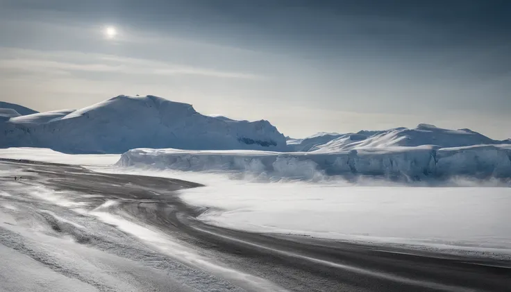 a vast icy Antarctic scenery, com montanhas cobertas de neve e um horizonte vasto e branco. The silence is almost eerie, enquanto o vento sopra gelidamente, And you realize youre in one of the most remote places on the planet. Hd, hiper-realist