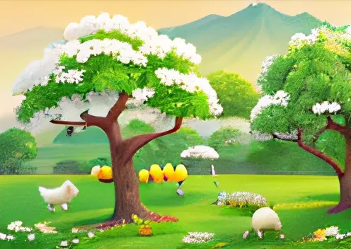 The picture shows a beautiful osmanthus tree with silver-white flowers and yellow fruit hanging from its branches, surrounded by small animals. The background is a vast grassland and green mountains and water.