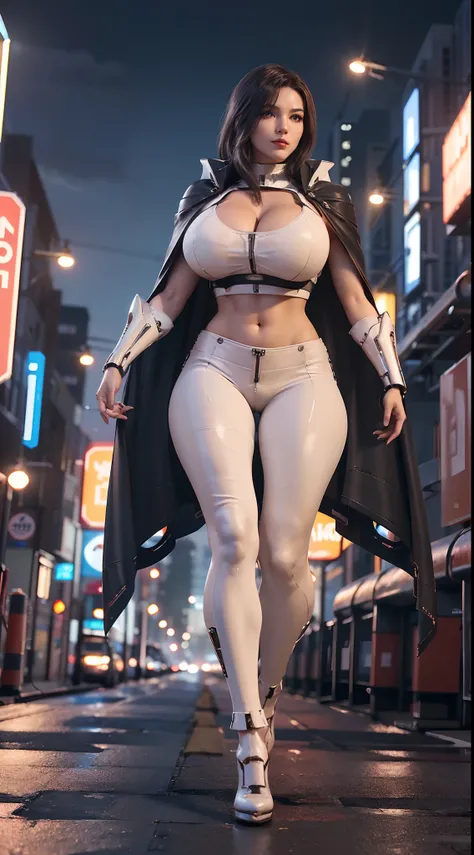 1GIRL, SOLO, (ssmile, makeup, beautifull eyes, red libs), (HUGE FAKE BOOBS:1.3), (GUARD ARM), (black, white, FUTURISTIC MECHANICAL CROP TOP, ROYAL CAPE, CLEAVAGE, SKINTIGHT MECHANICAL PANTS, HIGH HEELS:1.4), (NSFW MUSCULAR BODY, SEXY LONG LEGS, FULL BODY:1...