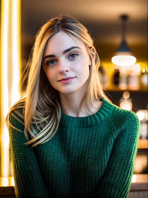 una mujer naturalmente hermosa, in a yellow low-necked sweater, noche de invierno en el bar, [franco:0.5, aficionado:0.5], 8k, ....